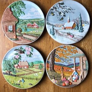 4 Vintage Hand-painted Ceramic Seasonal Plates